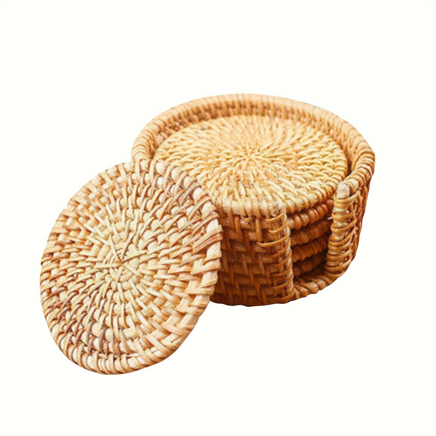 6-Piece Set Bamboo Round Handwoven Trivet & Underliner Coasters with Protective Cover - Heat Resistant Mats for Hot Pots, Pans, Cups, Teapots - Rustic Style for Table & Office Desk - Christmas, Father's Day, Mother's Day, Lab