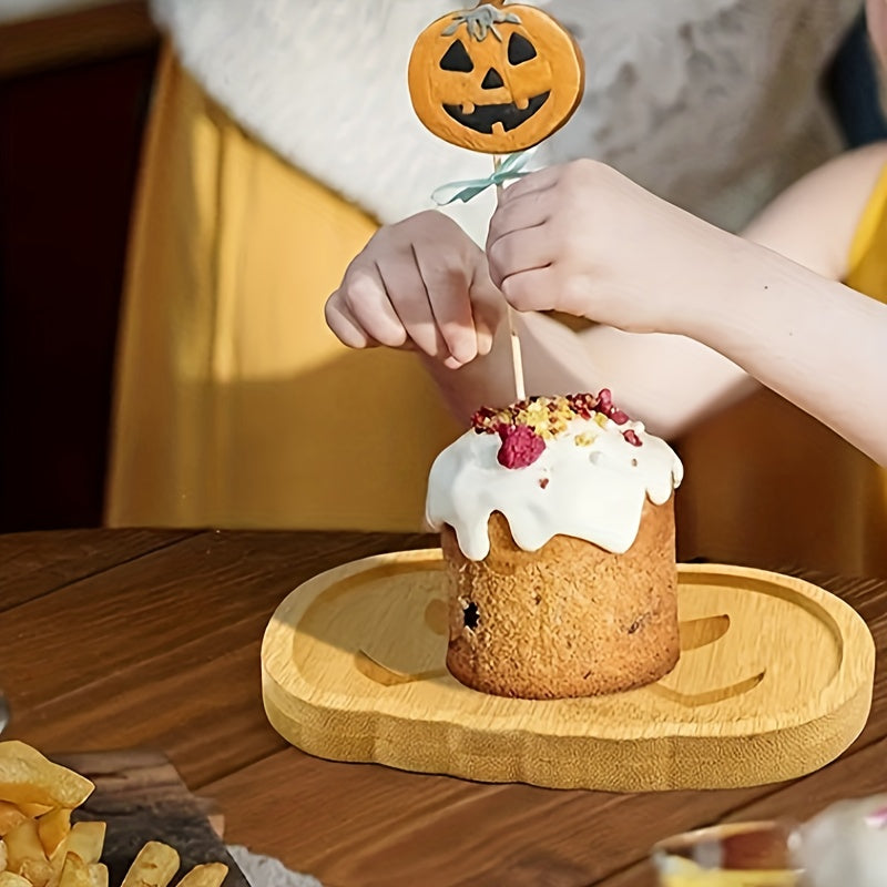 Halloween Bamboo Serving Trays 6-Pack, Pumpkin Shaped Snack Plates for Party, Novelty Spooky Ghost Design Wooden Platter Set for Fruit & Treats - Eco-Friendly Oval Kitchen Decor