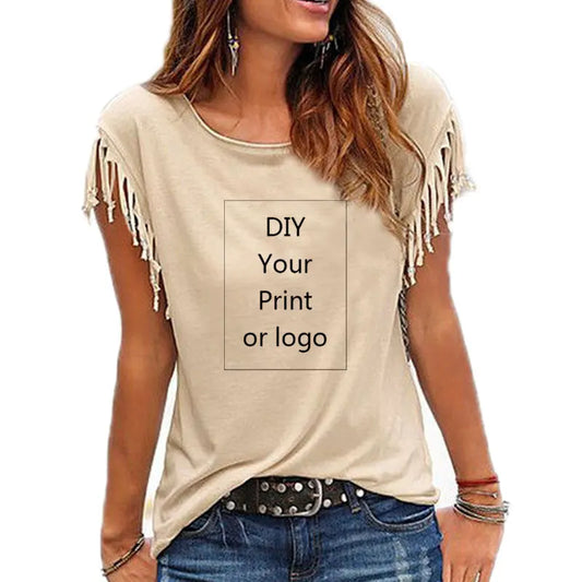 2023 New Customized Print T Shirt for Women DIY Your Like Photo or Logo Top Tassel Short Sleeve O-neck Cotton Tee