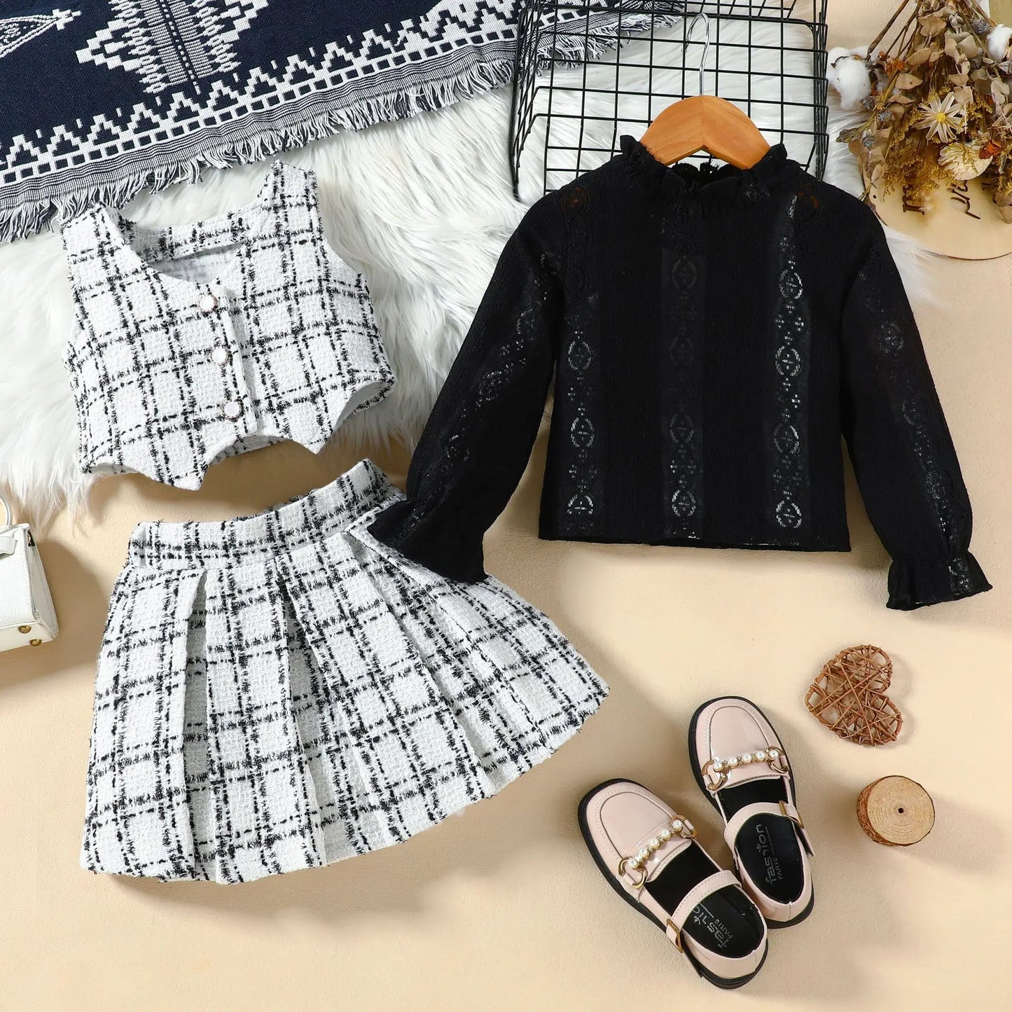Autumn Winter Fashion Kids Outfits Set Toddler Long Sleeve Lace Tops Plaid Vest Jacket With Skirts For Girls Casual Elegant Wear