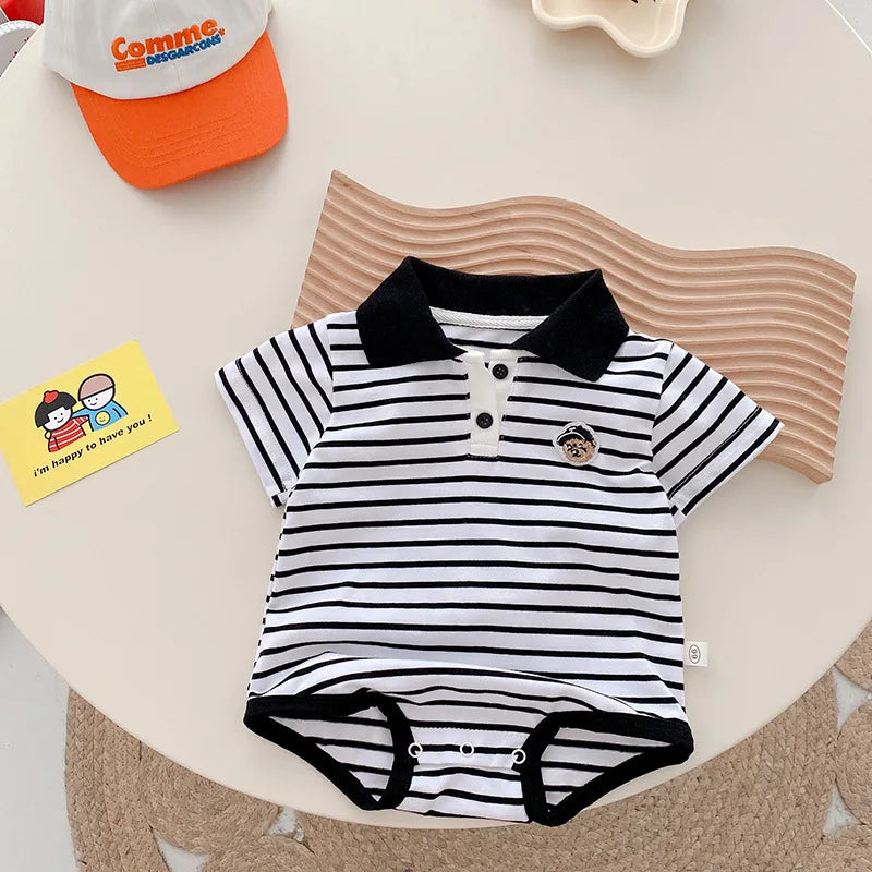Baby Striped Hoodie for Boys Aged 0-2 in Summer, Stylish Teddy Bear Jumpsuit for Newborns, Trendy Fart Bag Outfit