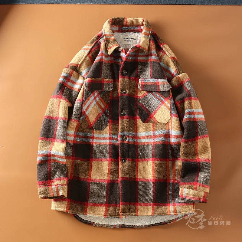 Autumn Winter American Sle Men's Casual irt Collared Fce Lined Thiened Brued Plaid Lamb Velvet Coat Youth Trend