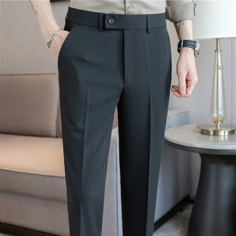 Stretch Solid Color Men's Trousers, Suitable for Business Casual, Parties, Formal Events, and Ankle-length Slim Pants.28-40