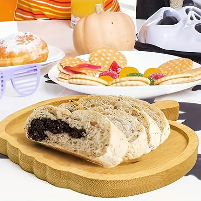 Halloween Bamboo Serving Trays 6-Pack, Pumpkin Shaped Snack Plates for Party, Novelty Spooky Ghost Design Wooden Platter Set for Fruit & Treats - Eco-Friendly Oval Kitchen Decor
