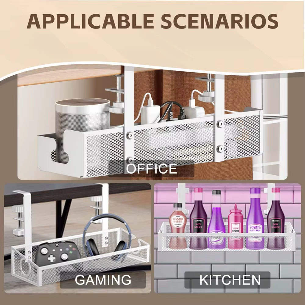 Cable Management under Desk Shelf Basket No Drill Steel Desk Cable Organizers Wire Storage Tray Cable Managements Box for Office