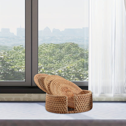 6-Piece Set Bamboo Round Handwoven Trivet & Underliner Coasters with Protective Cover - Heat Resistant Mats for Hot Pots, Pans, Cups, Teapots - Rustic Style for Table & Office Desk - Christmas, Father's Day, Mother's Day, Lab