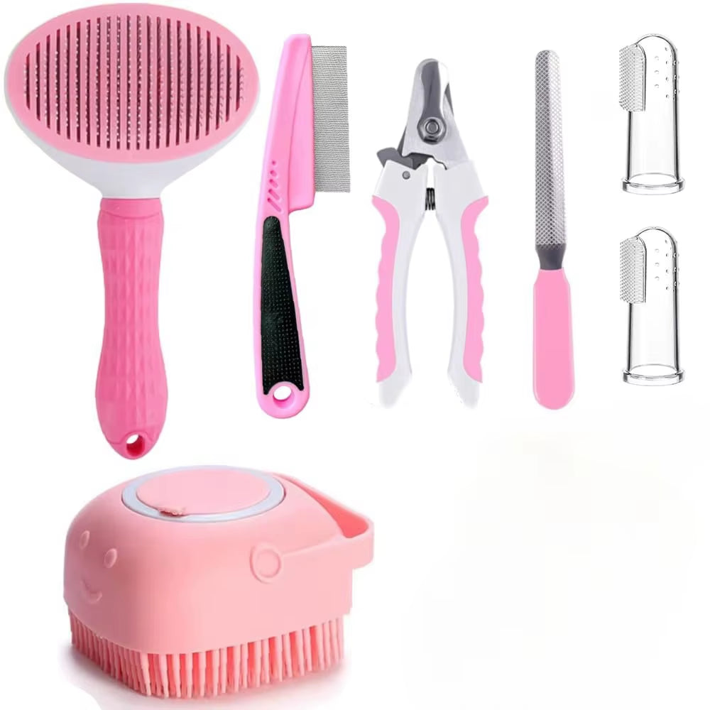 7-Piece Cat and Dog Brush Beauty Set, Pet Self-Cleaning Brush with Pet Nail Clippers and Files, Flea Dog Comb, Pet Shower Brush