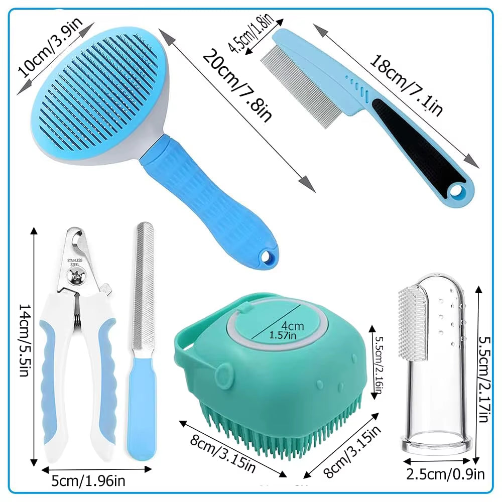 7-Piece Cat and Dog Brush Beauty Set, Pet Self-Cleaning Brush with Pet Nail Clippers and Files, Flea Dog Comb, Pet Shower Brush