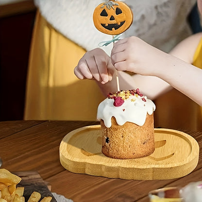 Halloween Bamboo Serving Trays 6-Pack, Pumpkin Shaped Snack Plates for Party, Novelty Spooky Ghost Design Wooden Platter Set for Fruit & Treats - Eco-Friendly Oval Kitchen Decor