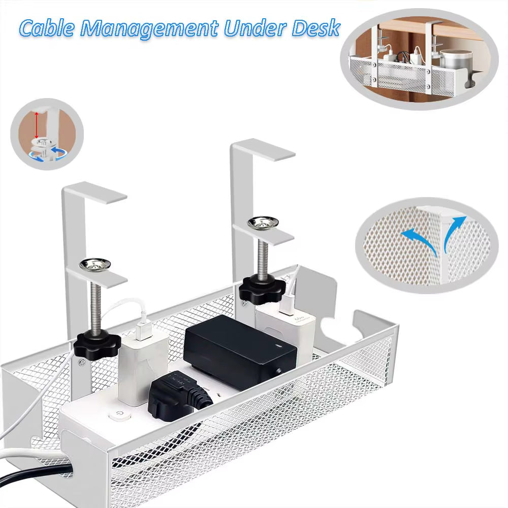 Cable Management under Desk Shelf Basket No Drill Steel Desk Cable Organizers Wire Storage Tray Cable Managements Box for Office