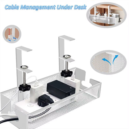 Cable Management under Desk Shelf Basket No Drill Steel Desk Cable Organizers Wire Storage Tray Cable Managements Box for Office