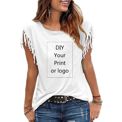 2023 New Customized Print T Shirt for Women DIY Your Like Photo or Logo Top Tassel Short Sleeve O-neck Cotton Tee