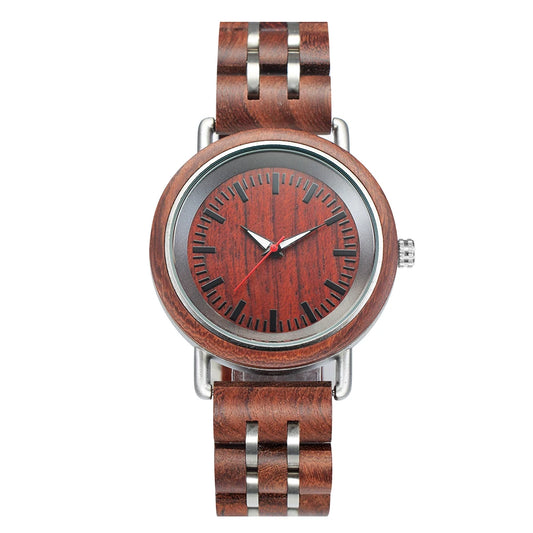 Quartz Watches with Mineral Hardened Glass Stainless Steel Case Wood Band with Stainless Steel Accents