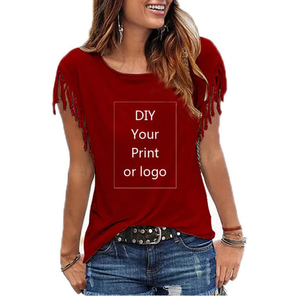 2023 New Customized Print T Shirt for Women DIY Your Like Photo or Logo Top Tassel Short Sleeve O-neck Cotton Tee