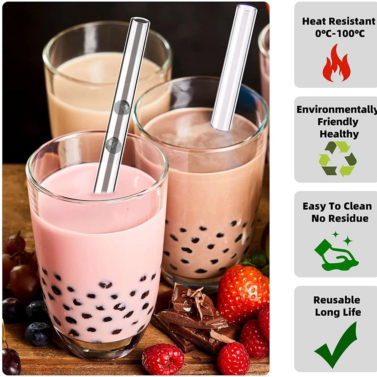 Eco-friendly Reusable Glass Wide straw Boba Drinking Straws Bubble Tea Straws for Smoothie Milkshakes Straws with Cleaning Brush
