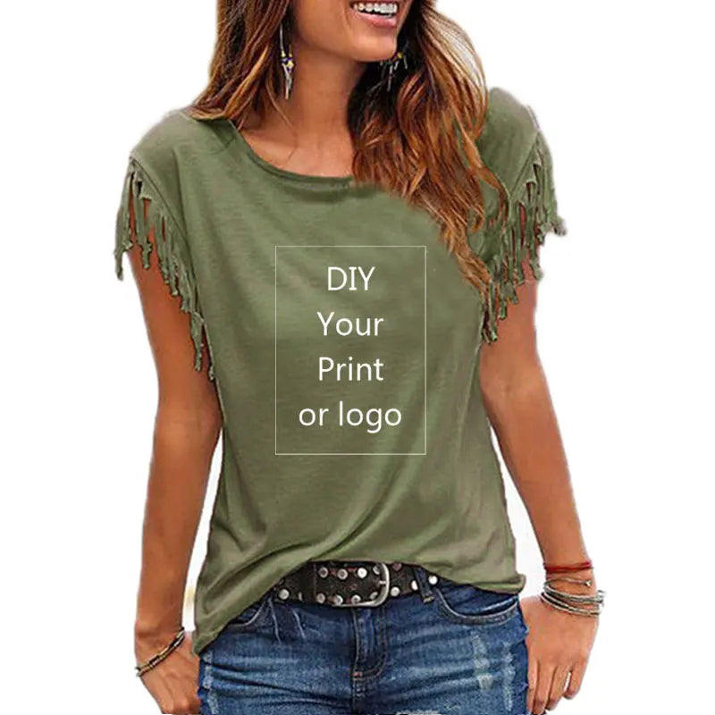 2023 New Customized Print T Shirt for Women DIY Your Like Photo or Logo Top Tassel Short Sleeve O-neck Cotton Tee