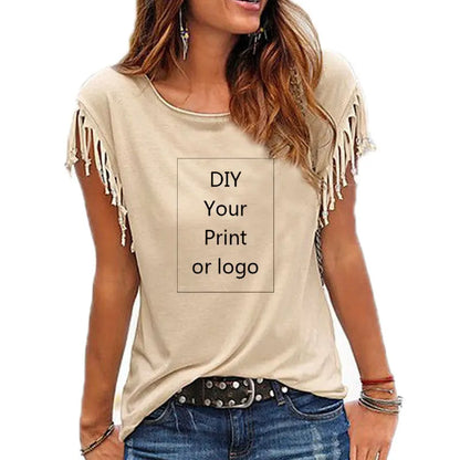 2023 New Customized Print T Shirt for Women DIY Your Like Photo or Logo Top Tassel Short Sleeve O-neck Cotton Tee