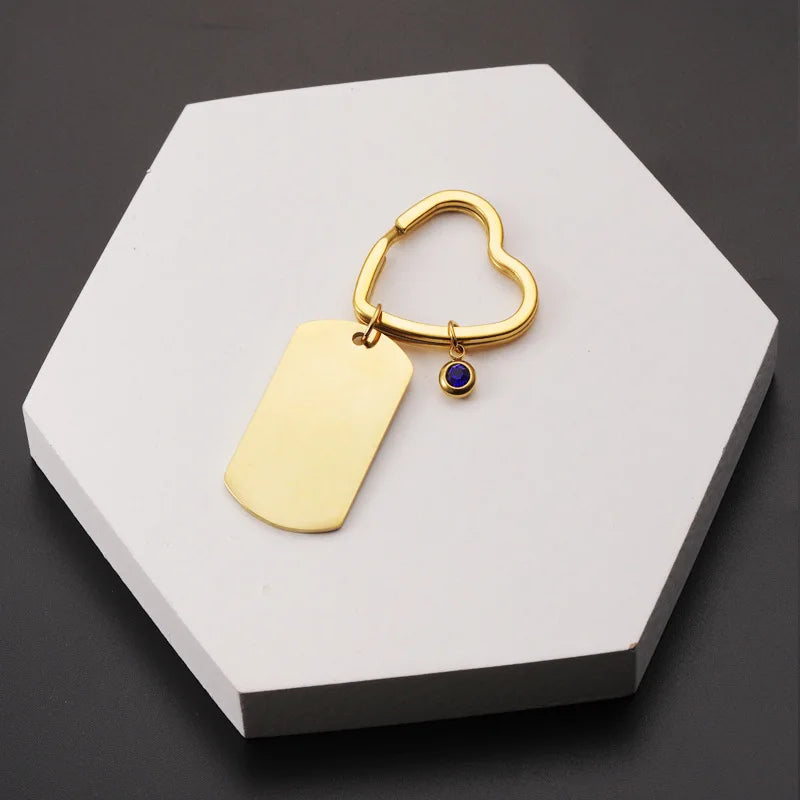 Custom Text Photo ID Keychain 12 Months Birthstone Heart Ring Stainless Steel Key Chain Personalized Gift for Women Men Jewelry