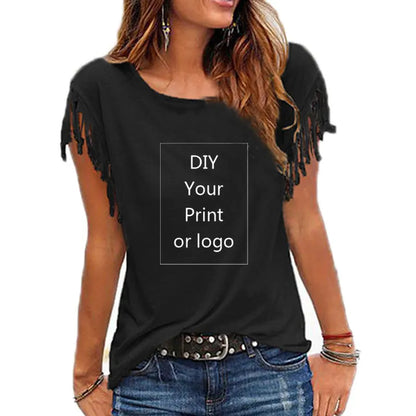 2023 New Customized Print T Shirt for Women DIY Your Like Photo or Logo Top Tassel Short Sleeve O-neck Cotton Tee