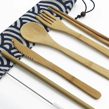Eco-Friendly Wooden Dinnerware Set Portable Travel Tableware Set Bamboo Cutlery Set  Wooden Outdoor Utensils With Pouch