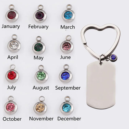 Custom Text Photo ID Keychain 12 Months Birthstone Heart Ring Stainless Steel Key Chain Personalized Gift for Women Men Jewelry