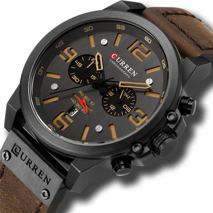 8314 Men's Luxury Sport Chronograph Watch Top Fashion Genuine Leather Wristband Waterproof Quartz 48mm Alloy Calendar Display