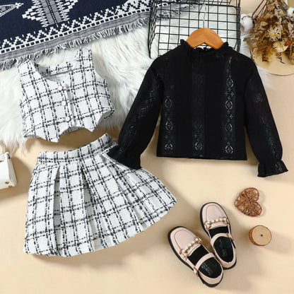 Autumn Winter Fashion Kids Outfits Set Toddler Long Sleeve Lace Tops Plaid Vest Jacket With Skirts For Girls Casual Elegant Wear