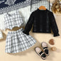 Autumn Winter Fashion Kids Outfits Set Toddler Long Sleeve Lace Tops Plaid Vest Jacket With Skirts For Girls Casual Elegant Wear