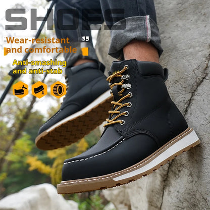 Mens High Top Safety Work Boots Water Resistant Steel Toe Shoes Slip/Oil Resistant Rubber Sole for Warehouse & Logistics Work