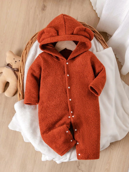 Baby jumpsuit with three-dimensional bear ear hooded design, long sleeved jumpsuit suitable for babies aged 0-12 months