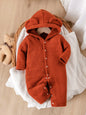 Baby jumpsuit with three-dimensional bear ear hooded design, long sleeved jumpsuit suitable for babies aged 0-12 months