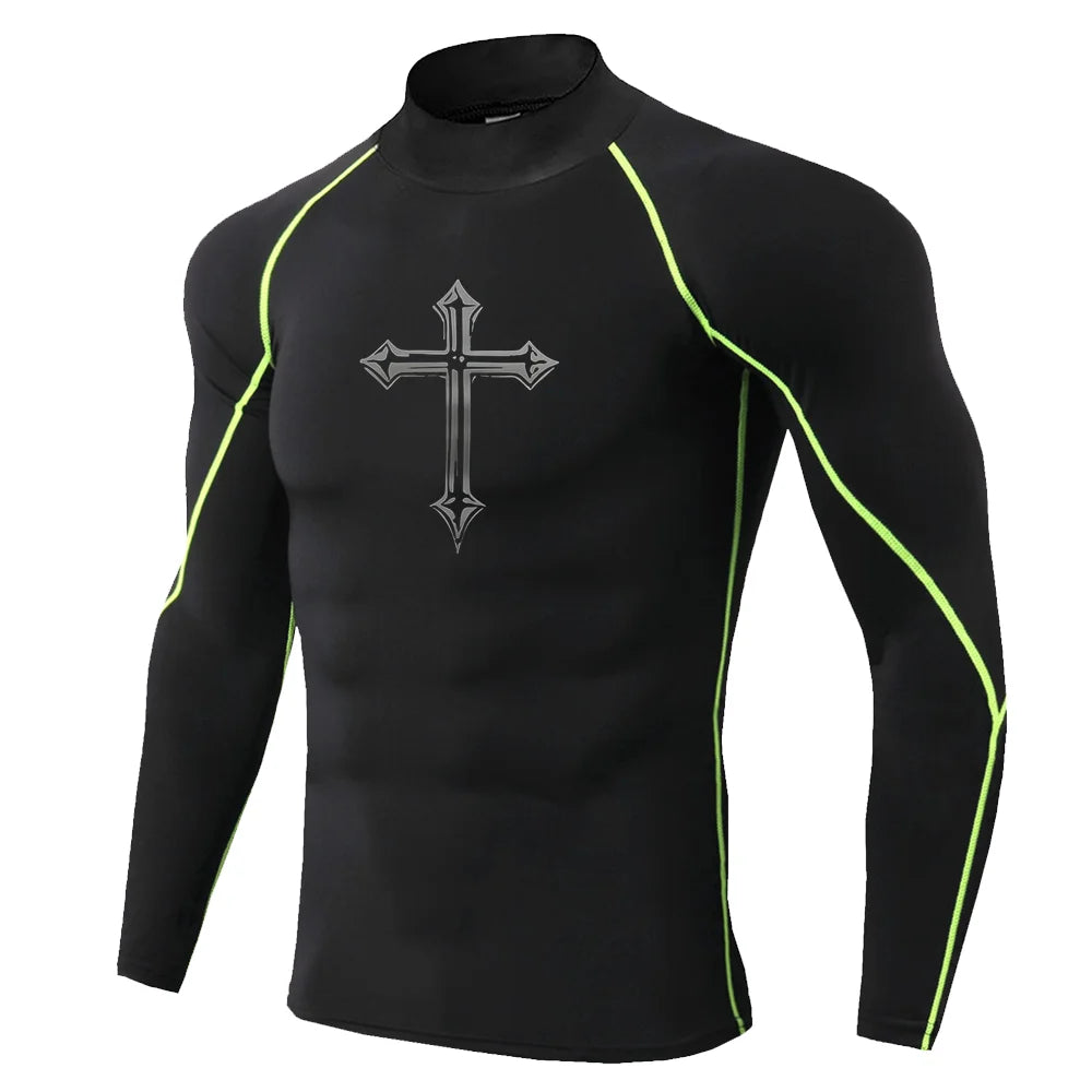 Men's Cross Print High Neck Breathable Training T-Shirt Quick-drying Long Sleeve Fitness Workout Stretch Tight Top S-3XL