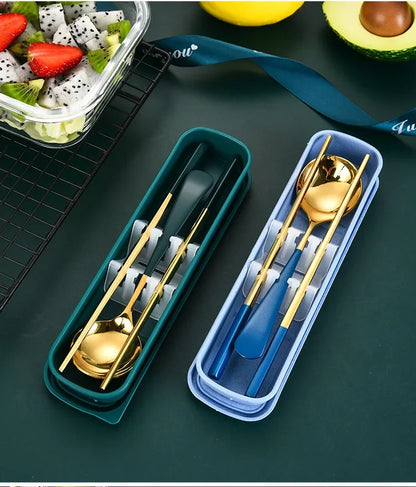 Eco Friendly Dinnerware Set, Portable Cutlery Sets With Case, Silverware Sets, 304 Kitchen Accessories Fork Spoon Gold Knife