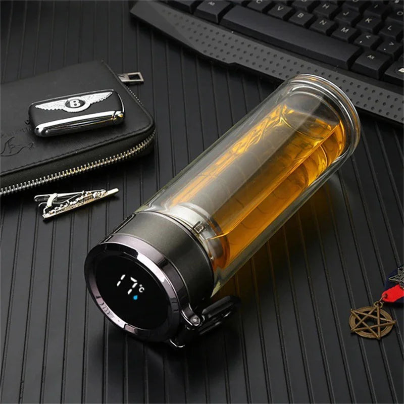 Smart Double Wall Glass Water Bottle With Filter Touch Display Stainless Steel Strainer Clear Drinking Tea Bottle With Handle