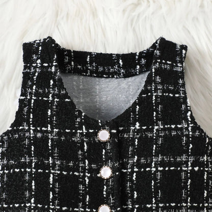 Autumn Winter Fashion Kids Outfits Set Toddler Long Sleeve Lace Tops Plaid Vest Jacket With Skirts For Girls Casual Elegant Wear