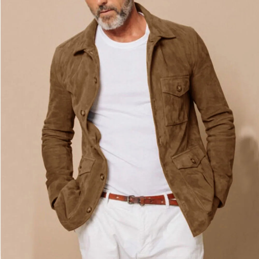 Vintage Brown Suede Men's Suit Hunting Jacket Single Breasted Slim Fashion Design Casual Outdoor Jacket Lapel