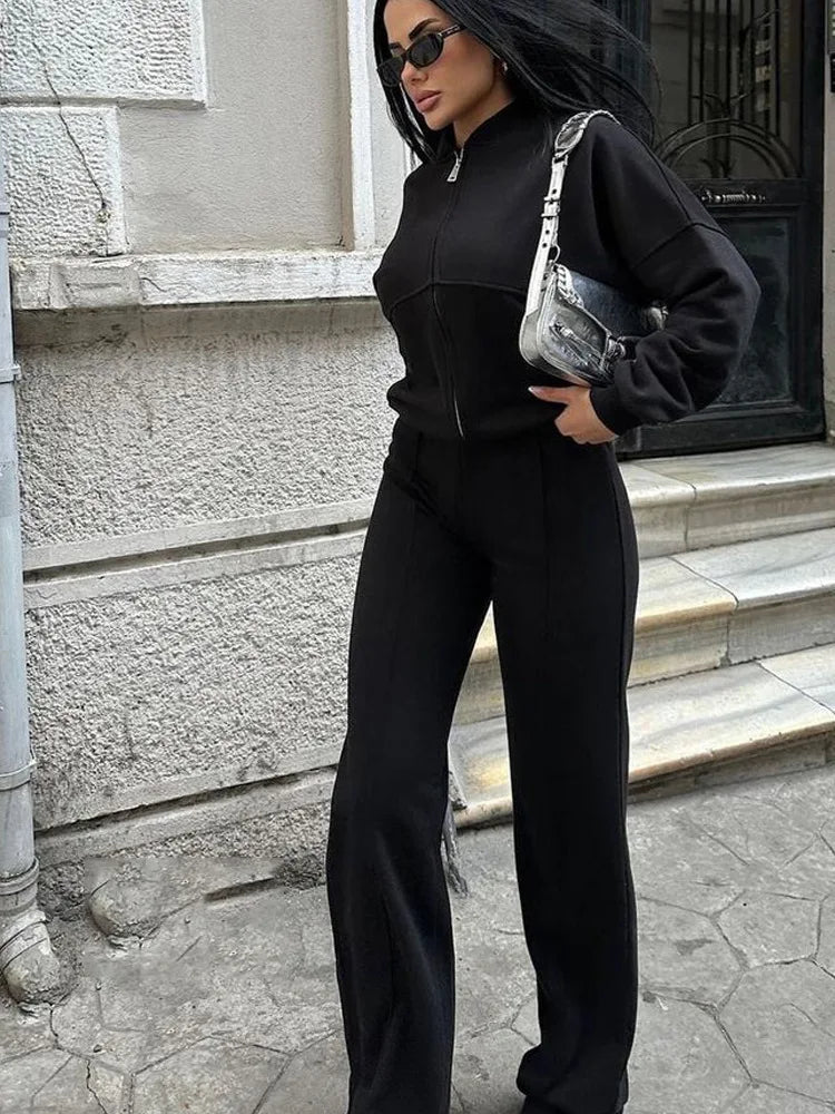 Autumn Outfits For Women 2 Piece Set Solid Color Zipper Loose Jacket + Drawstring Wide-leg Trousers Camping Tenue De Sport Femme