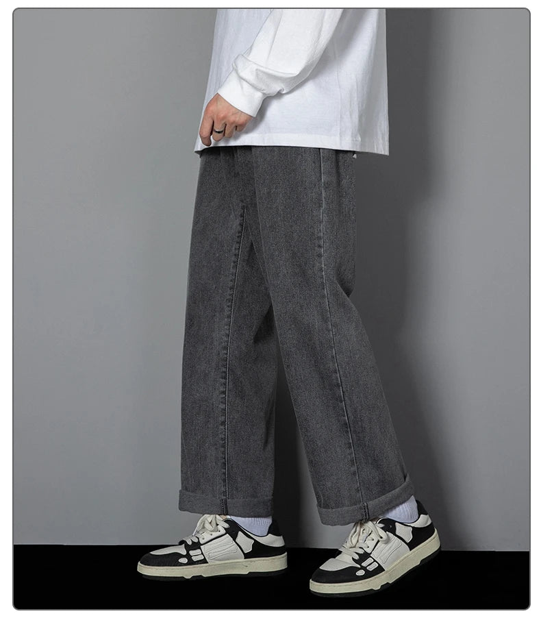 2025 New Korean Men's Casual Long Jeans Classic Man Straight Denim Wide-leg Pants Solid Color Light Blue Grey Black