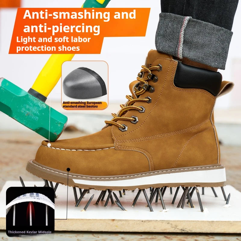 Mens High Top Safety Work Boots Water Resistant Steel Toe Shoes Slip/Oil Resistant Rubber Sole for Warehouse & Logistics Work