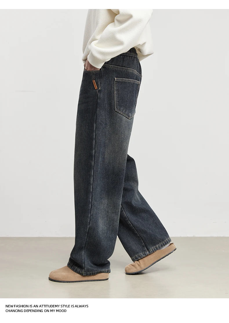 Fashion Men's Casual Thick Jeans 2025 Autumn Winter New Elastic Waist Fleece Lined Washed Loose Straight Leg Casual Long Pants