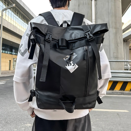 Men's Functional Black Backpack Trend Canvas Patchwork Design Backpack Large Capacity Travel Backpacks for Men Casual School Bag