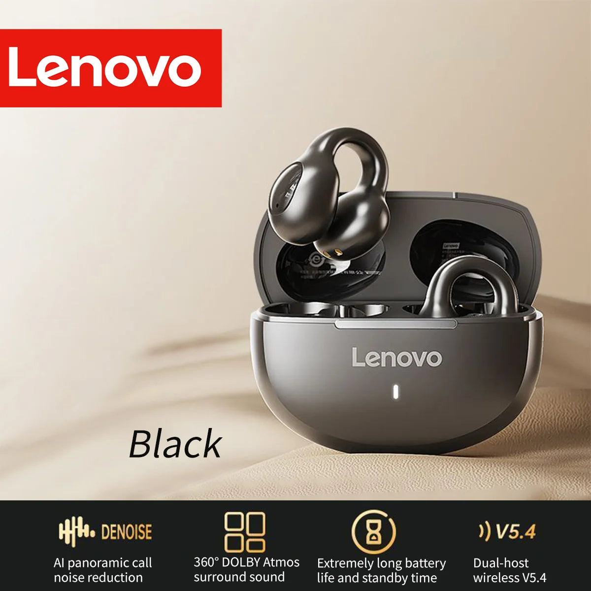 Lenovo Wireless Sport Earbuds Active Noise Cancelling Clip on Comfortable Headphones with Long Battery Life Hi-Fi Sound Bt 5.4