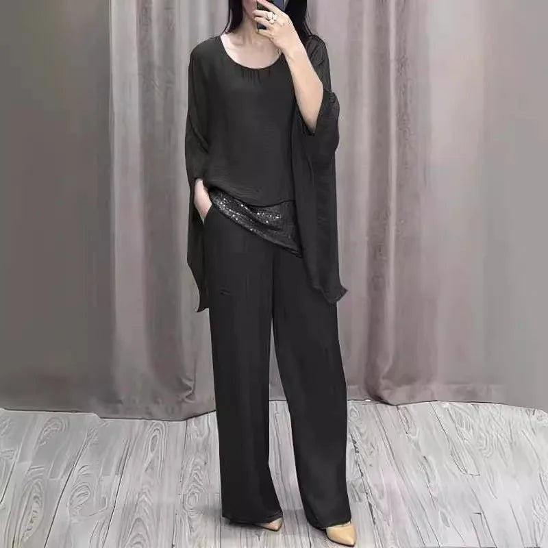 Fashion 2 Piece Set Party Outfits New Spring Summer Elegant Women's Suit Casual Bat Wing Sleeve Blouse Top With Wide Leg Pants