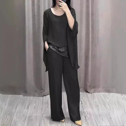 Fashion 2 Piece Set Party Outfits New Spring Summer Elegant Women's Suit Casual Bat Wing Sleeve Blouse Top With Wide Leg Pants