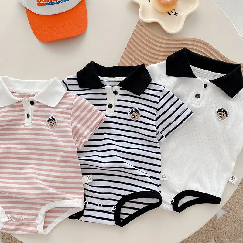 Baby Striped Hoodie for Boys Aged 0-2 in Summer, Stylish Teddy Bear Jumpsuit for Newborns, Trendy Fart Bag Outfit