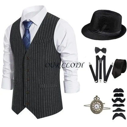 1920s Mens Costume Roaring 20s Outfit Accessories 1920s Men Mafia Costume 20s Gangsters Vest Hat Pocket Watch Suspenders Y1AC