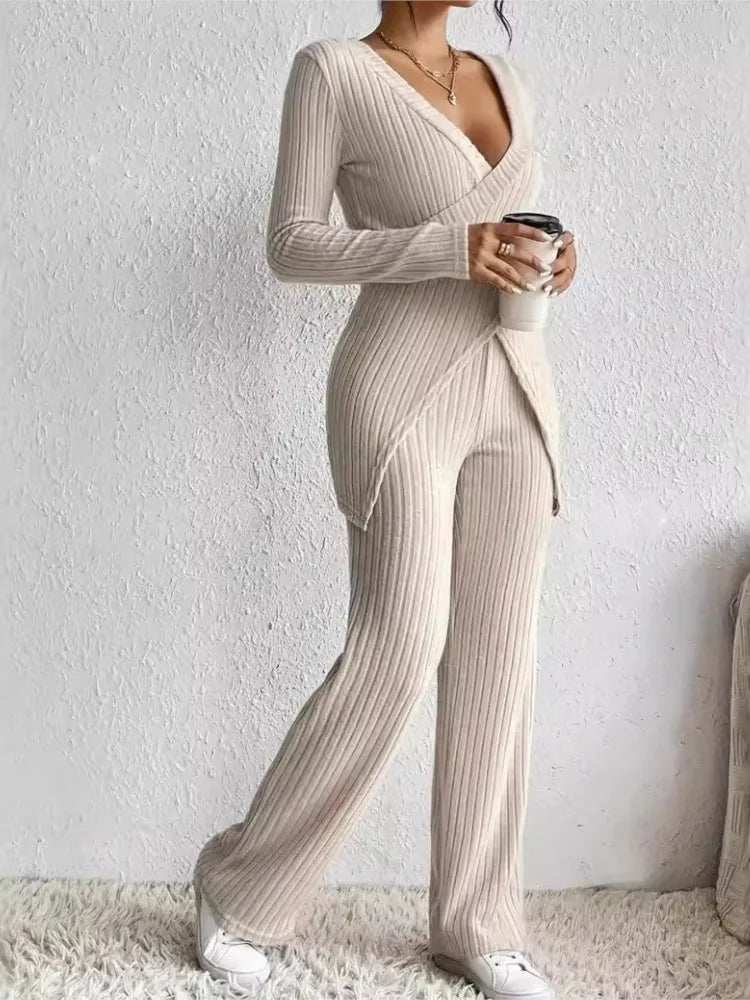 Women's Casual Solid Sets Outfits Fashion Long Sleeve V Neck Slim Tops+High Waist Pants 2 Pieces Set For Woman Autumn Winter New