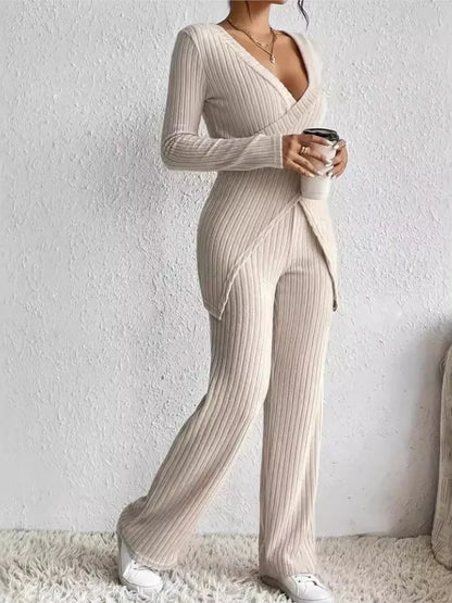 Women's Casual Solid Sets Outfits Fashion Long Sleeve V Neck Slim Tops+High Waist Pants 2 Pieces Set For Woman Autumn Winter New