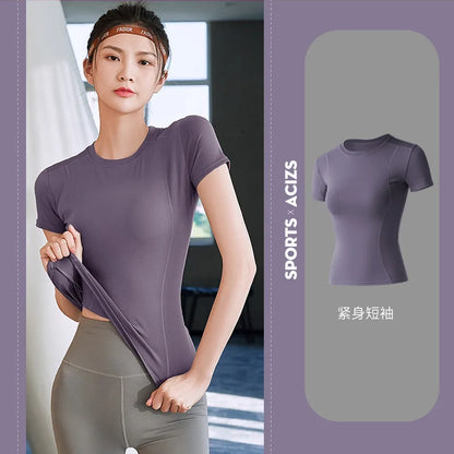 Fitness Sports T-shirt Women Solid Color V Neck Short Sleeve Moisture Wicking Athletic Shirts Top Ladies Sport Activewear Top