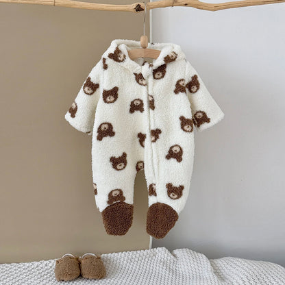 Baby Boy/Girl Wrap Foot Romper Hooded Bear Head Printed Plush Jumpsuit Winter Warm Bodysuit Clothes for 1-18 Months Toddler Boy